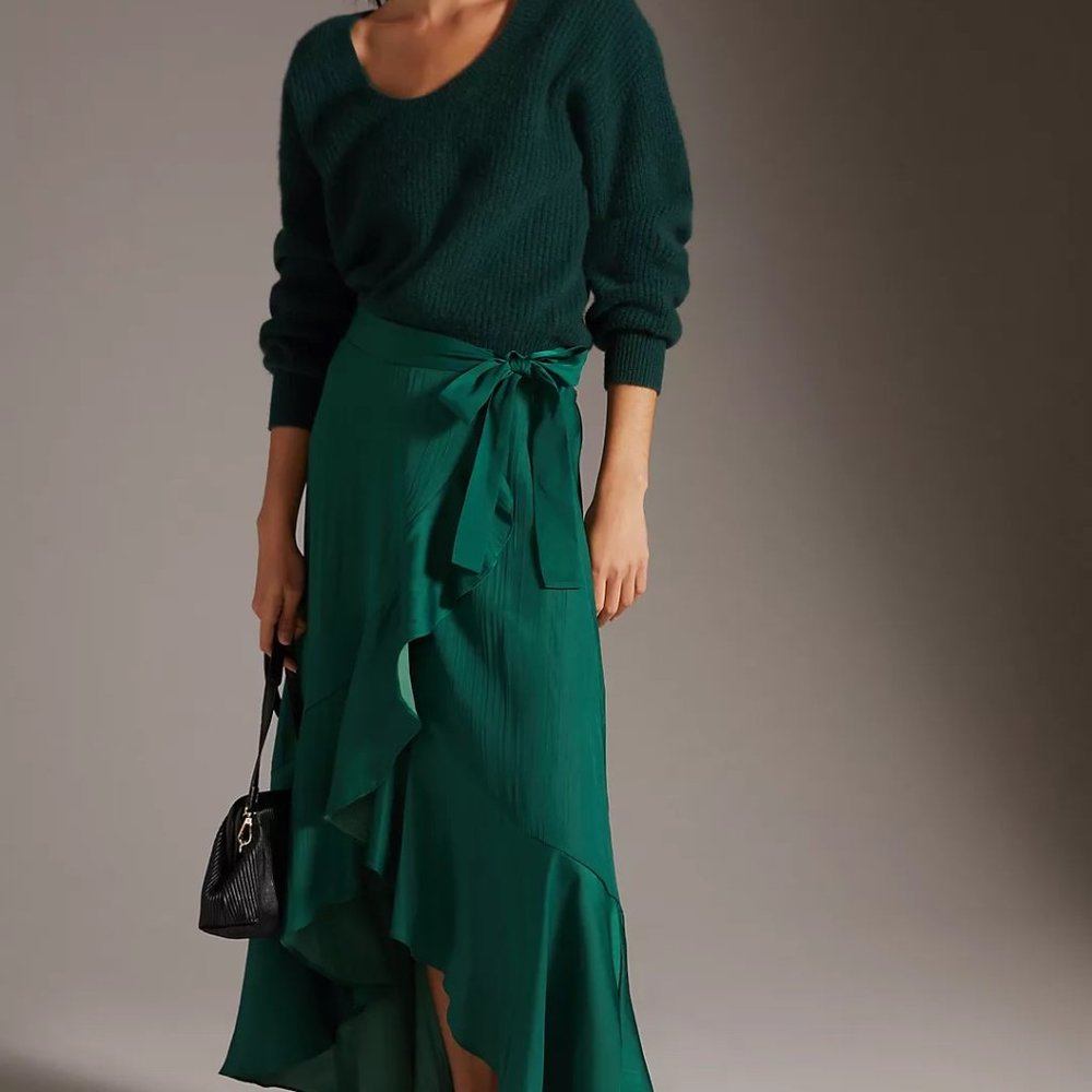 NWOT: Green Maeve (Anthropologie) Ruffled Wrap Maxi Skirt - Size Medium